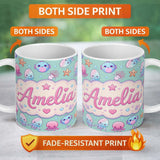 Personalized Custom Name Kawaii Jellyfish Starfish and Sea Creatures Mint Green Background 11oz Ceramic Coffee Tea Mug White Large Handle