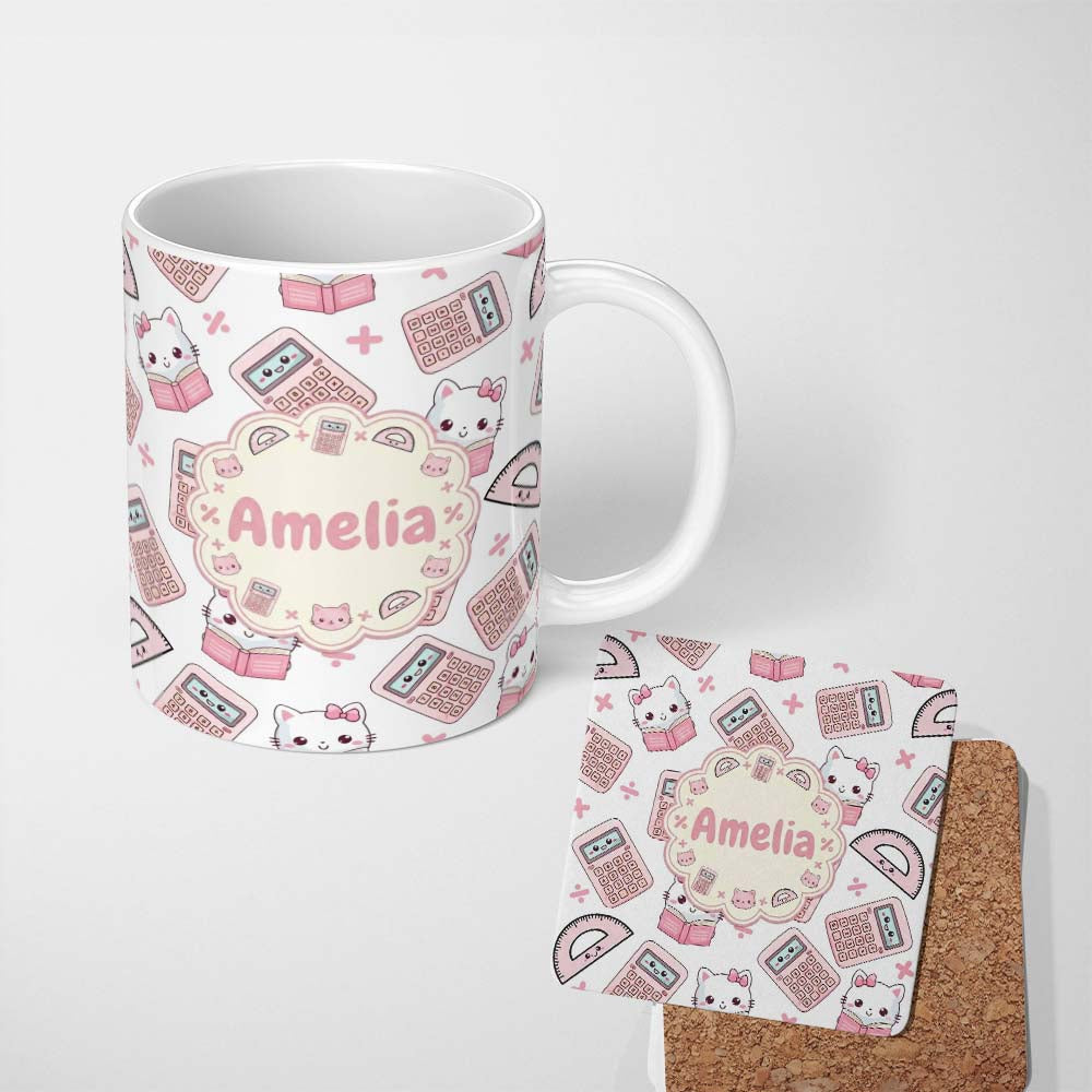 Custom Name Cute Kawaii Maths Cat Calculator Ruler Seamless Pattern White Lovely 11oz Ceramic Coffee Tea Mug White Large Handle