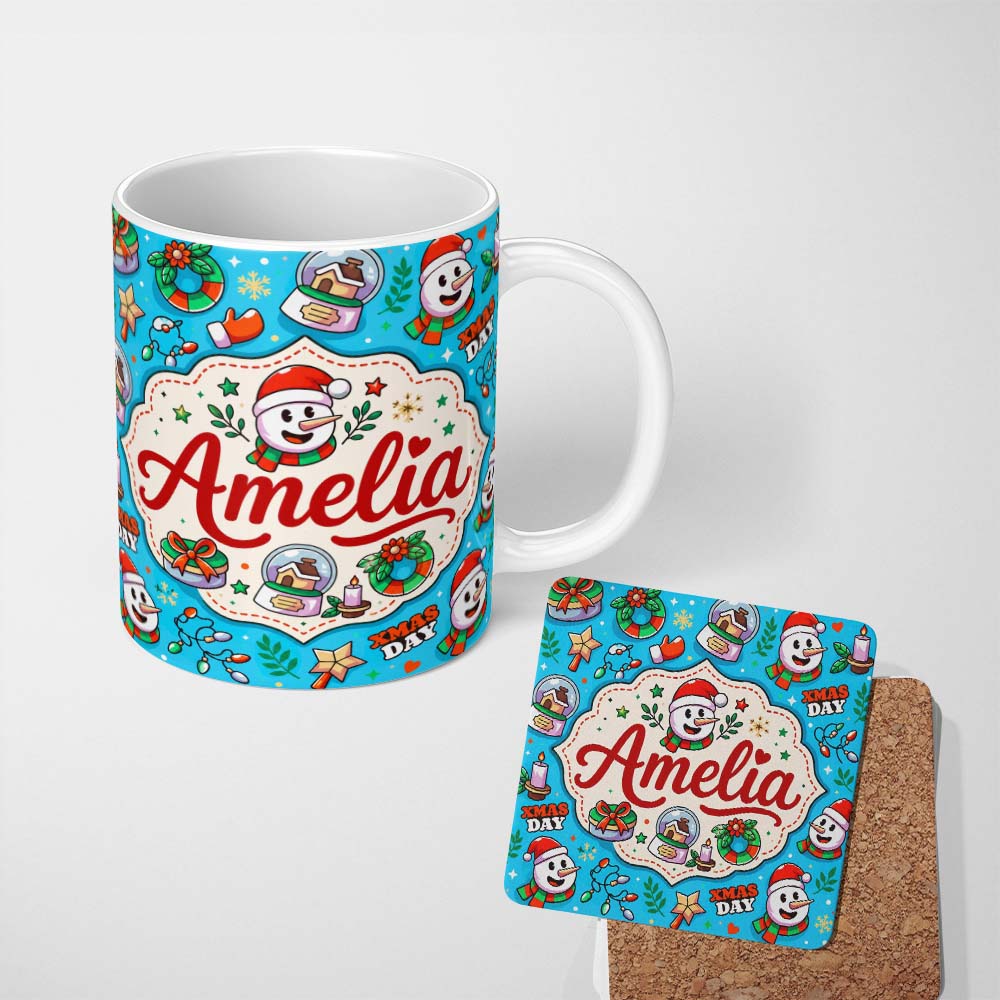 Personalized Custom Name Cute Snowman Xmas Day Wreath Gifts Festive Seamless Pattern Lovely 11oz Ceramic Coffee Tea Mug White Large Handle