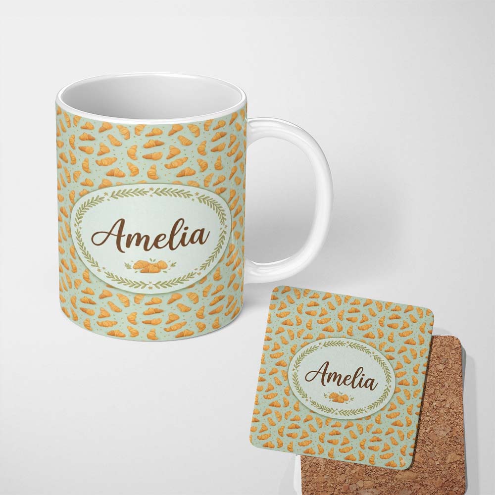 Personalized Custom Name Seamless Croissant Pastry Mint Green Background Bakery Food Lovely 11oz Ceramic Coffee Tea Mug White Large Handle