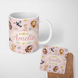 Personalized Custom Name Cute Safari Animals Lion Meerkat Toucan and Warthog with Sun 11oz Ceramic Coffee Tea Mug White Large Handle