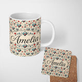 Personalized Custom Name Blue Heart Rose and Key Motif Seamless Pattern Cute Unique Gift 11oz Ceramic Coffee Tea Mug White Large Handle