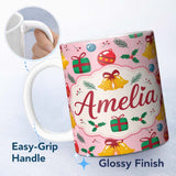 Personalized Custom Name Cute Christmas Bells Baubles Holly Gift Seamless Pattern Lovely 11oz Ceramic Coffee Tea Mug White Large Handle