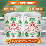 Personalized Custom Name Watercolor Christmas Trees with Lights and Stars Cute Seamless 11oz Ceramic Coffee Tea Mug White Large Handle