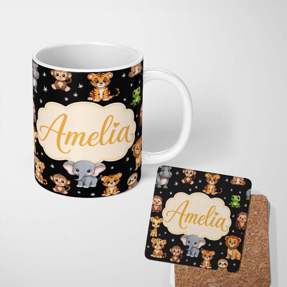 Personalized Custom Name Cute Jungle Baby Animals Lion Tiger Elephant Giraffe Pattern Black 11oz Ceramic Coffee Tea Mug White Large Handle