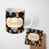 Personalized Custom Name Cute Jungle Baby Animals Lion Tiger Elephant Giraffe Pattern Black 11oz Ceramic Coffee Tea Mug White Large Handle