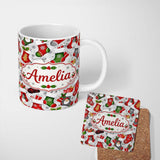 Personalized Custom Name Christmas Stockings Gifts Candy Cane Snowflake Seamless Pattern 11oz Ceramic Coffee Tea Mug White Large Handle