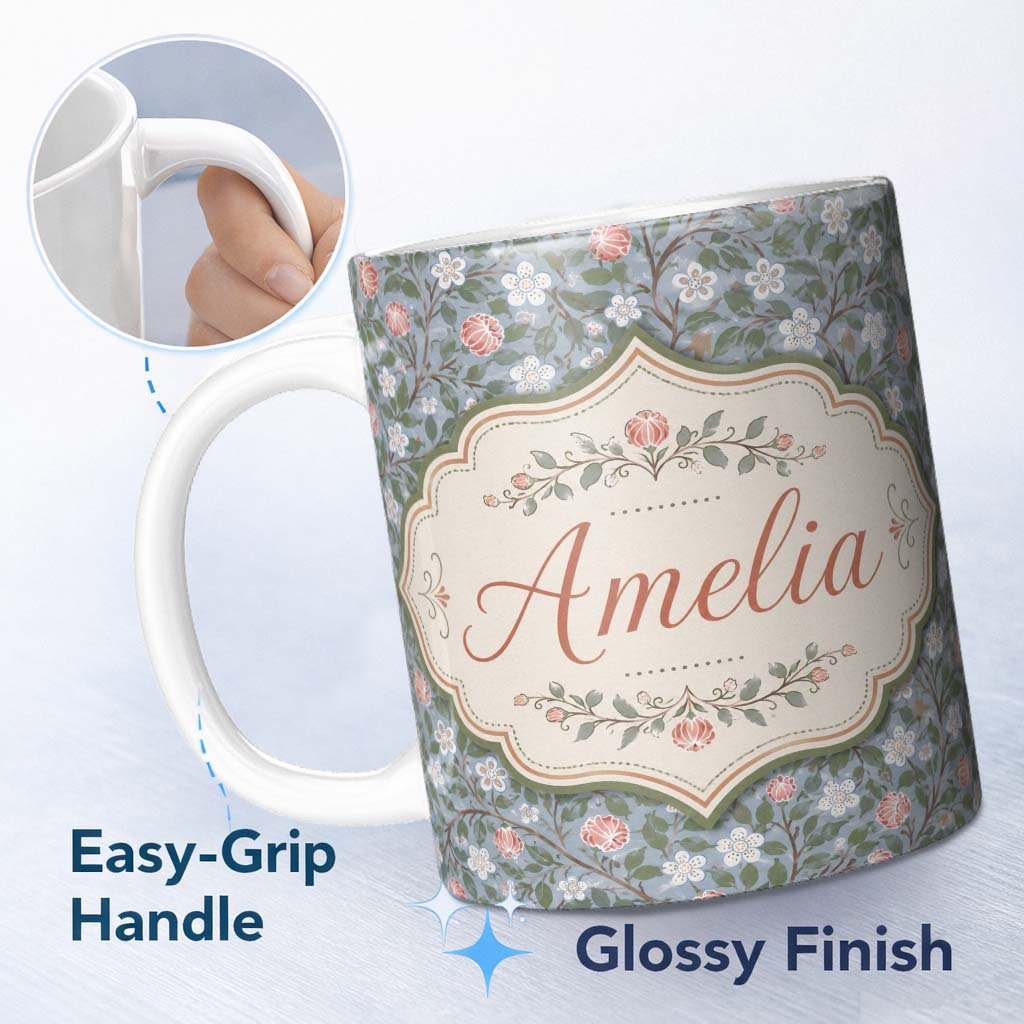 Personalized Custom Name Delicate Small Floral Vine Pattern Soft Green Background Seamless 11oz Ceramic Coffee Tea Mug White Large Handle