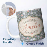 Personalized Custom Name Delicate Small Floral Vine Pattern Soft Green Background Seamless 11oz Ceramic Coffee Tea Mug White Large Handle
