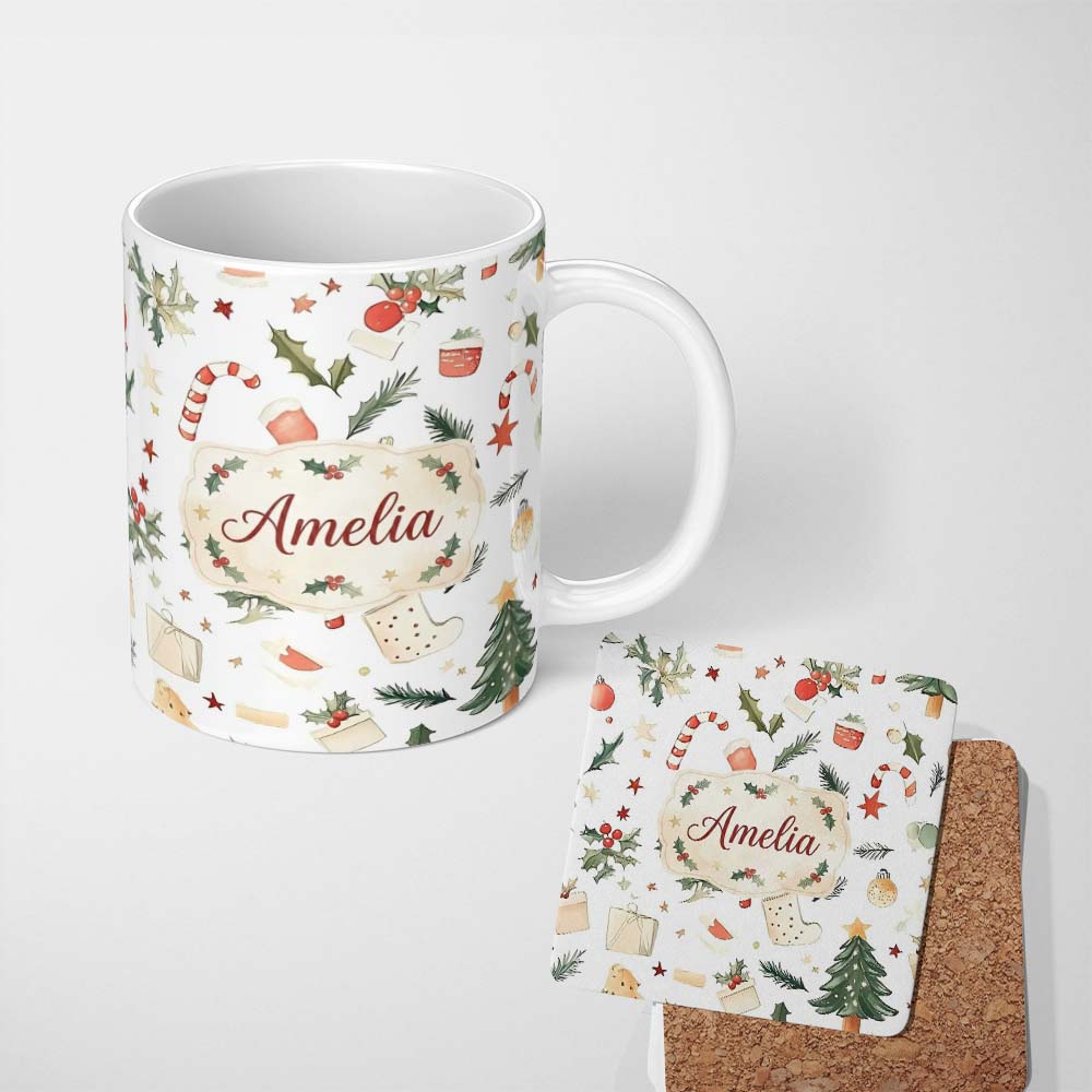 Personalized Custom Name Festive Holly Leaves Candy Cane Baubles Seamless Pattern Lovely 11oz Ceramic Coffee Tea Mug White Large Handle