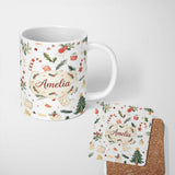 Personalized Custom Name Festive Holly Leaves Candy Cane Baubles Seamless Pattern Lovely 11oz Ceramic Coffee Tea Mug White Large Handle