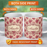Personalized Custom Name Vintage Red Floral Bouquet Damask Seamless Pattern Cute Unique Gift 11oz Ceramic Coffee Tea Mug White Large Handle
