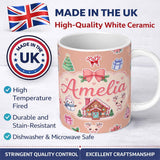Personalized Custom Name Cute Christmas Festive Stickers Gingerbread House Tree Beige Lovely 11oz Ceramic Coffee Tea Mug White Large Handle