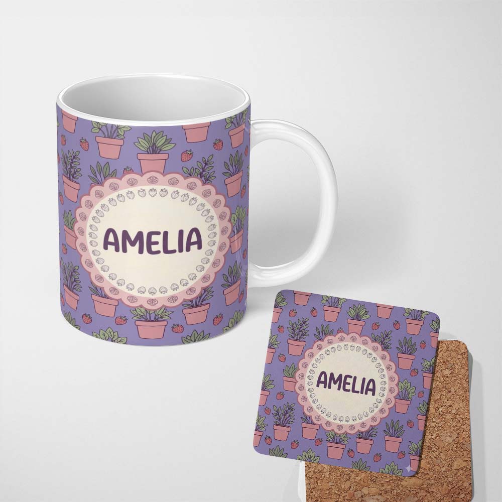 Personalized Custom Name Cute Pink Plant Pots Leaves Strawberry Seamless Pattern Lavender 11oz Ceramic Coffee Tea Mug White Large Handle