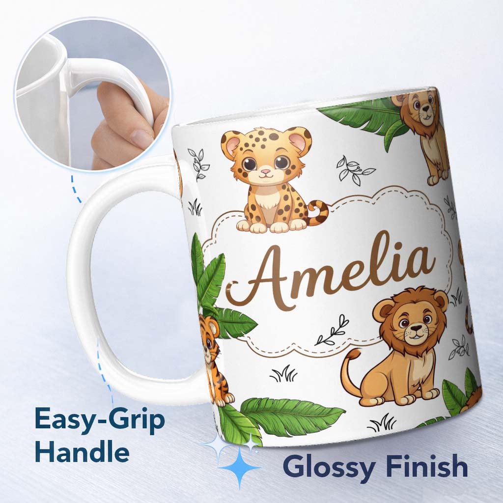 Personalized Custom Name Cute Jungle Animals Lion Tiger Leopard Blush Pink Background Lovely 11oz Ceramic Coffee Tea Mug White Large Handle