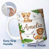 Personalized Custom Name Cute Jungle Animals Lion Tiger Leopard Blush Pink Background Lovely 11oz Ceramic Coffee Tea Mug White Large Handle