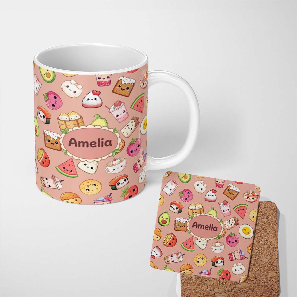 Personalized Custom Name Cute Kawaii Food Characters Seamless Pattern Peach Background Fun 11oz Ceramic Coffee Tea Mug White Large Handle