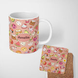 Personalized Custom Name Cute Kawaii Food Characters Seamless Pattern Peach Background Fun 11oz Ceramic Coffee Tea Mug White Large Handle