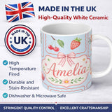 Personalized Custom Name Cute Strawberry Cherry Ribbon Bow Sweet Dessert Pattern Blue Lovely 11oz Ceramic Coffee Tea Mug White Large Handle