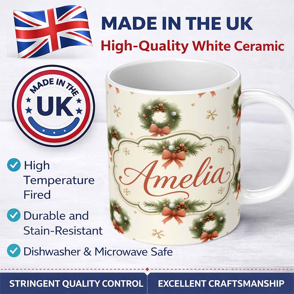 Personalized Custom Name Festive Christmas Wreath Pinecone Ribbon Snowflake Seamless Pattern 11oz Ceramic Coffee Tea Mug White Large Handle