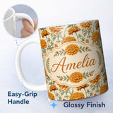 Personalized Custom Name Orange Floral Stem Botanical Seamless Pattern on Light Background 11oz Ceramic Coffee Tea Mug White Large Handle