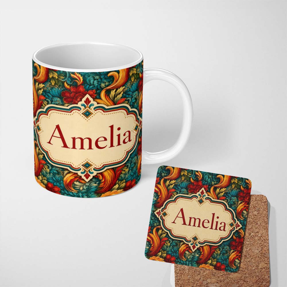 Personalized Custom Name Teal Orange Baroque Floral Swirl Seamless Pattern Cute Unique Gift 11oz Ceramic Coffee Tea Mug White Large Handle