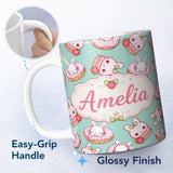 Personalized Custom Name Cute Kawaii Bunny Donuts Strawberry Dessert Seamless Pattern Teal 11oz Ceramic Coffee Tea Mug White Large Handle