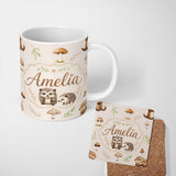 Personalized Custom Name Woodland Hedgehogs with Mushrooms Leaves Warm Neutral Seamless 11oz Ceramic Coffee Tea Mug White Large Handle