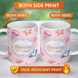 Personalized Custom Name Mermaid Ocean Friends Jellyfish Starfish Blush Pink Background 11oz Ceramic Coffee Tea Mug White Large Handle