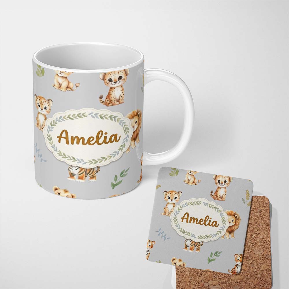 Personalized Custom Name Cute Baby Jungle Animals with Leaves on Light Grey Background Lovely 11oz Ceramic Coffee Tea Mug White Large Handle