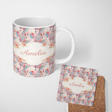 Personalized Custom Name Soft Watercolor Bunny Floral Egg Seamless Pattern Cute Unique Gift 11oz Ceramic Coffee Tea Mug White Large Handle
