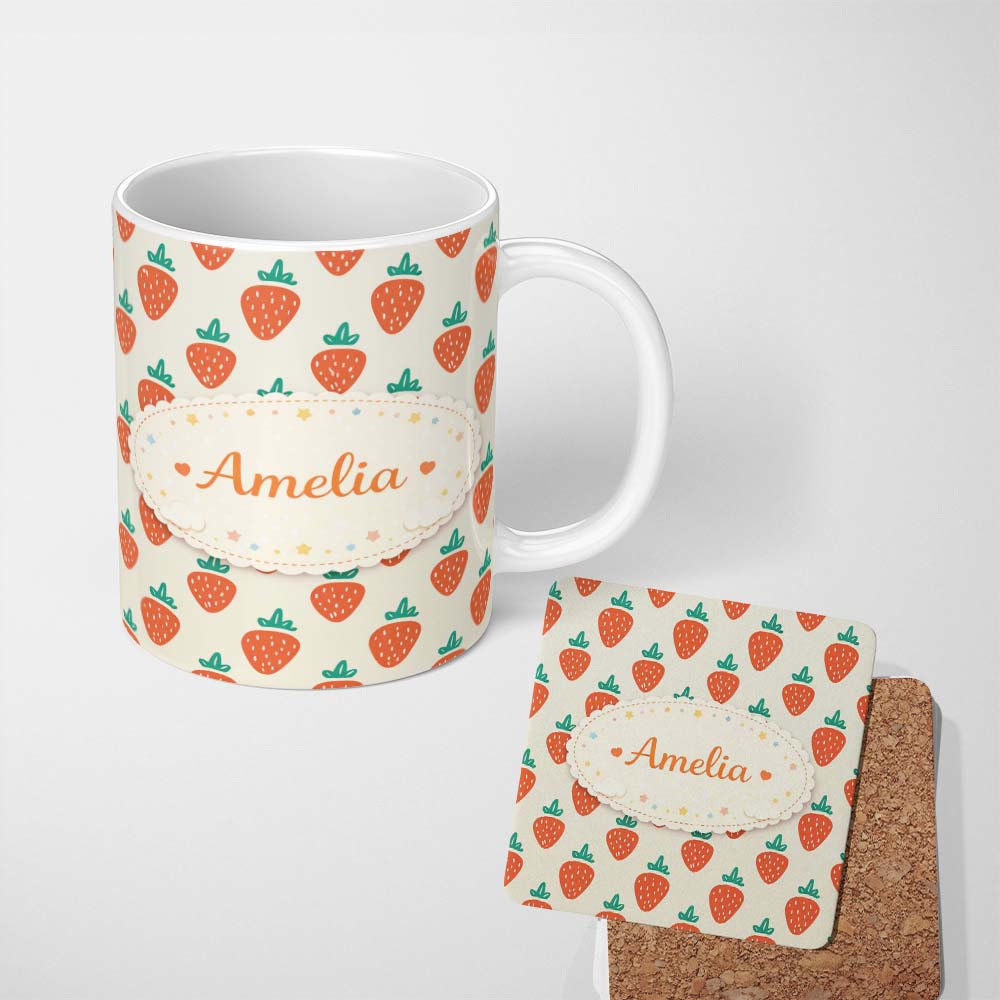 Personalized Custom Name Cute Strawberry Minimal Fruit Seamless Pattern Beautiful Coffee Cup 11oz Ceramic Coffee Tea Mug White Large Handle