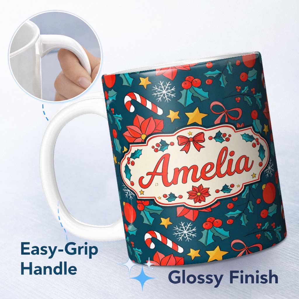 Personalized Custom Name Festive Poinsettia Candy Cane Holly Berry Seamless Pattern Lovely 11oz Ceramic Coffee Tea Mug White Large Handle