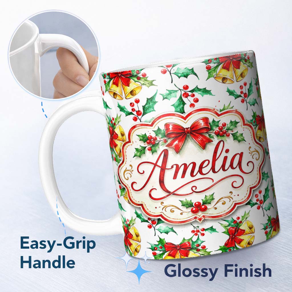 Personalized Custom Name Watercolor Holly Berry Gold Bell Red Bow Festive Seamless Pattern 11oz Ceramic Coffee Tea Mug White Large Handle