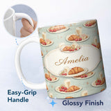 Personalized Custom Name Croissant with Strawberries Soft Blue Dessert Seamless Pattern 11oz Ceramic Coffee Tea Mug White Large Handle