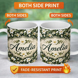 Personalized Custom Name Dark Background Magnolia Style White Flowers with Green Foliage 11oz Ceramic Coffee Tea Mug White Large Handle