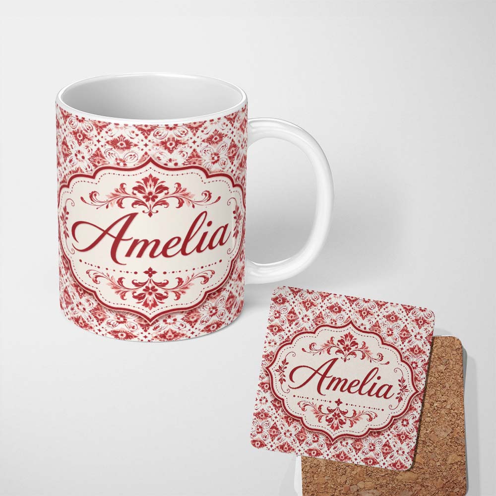 Personalized Custom Name Delicate Red Floral Decorative Motif Seamless Pattern Lovely 11oz Ceramic Coffee Tea Mug White Large Handle