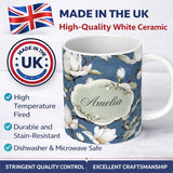 Personalized Custom Name Elegant White Magnolia Flowers on Blue Background Seamless Pattern 11oz Ceramic Coffee Tea Mug White Large Handle
