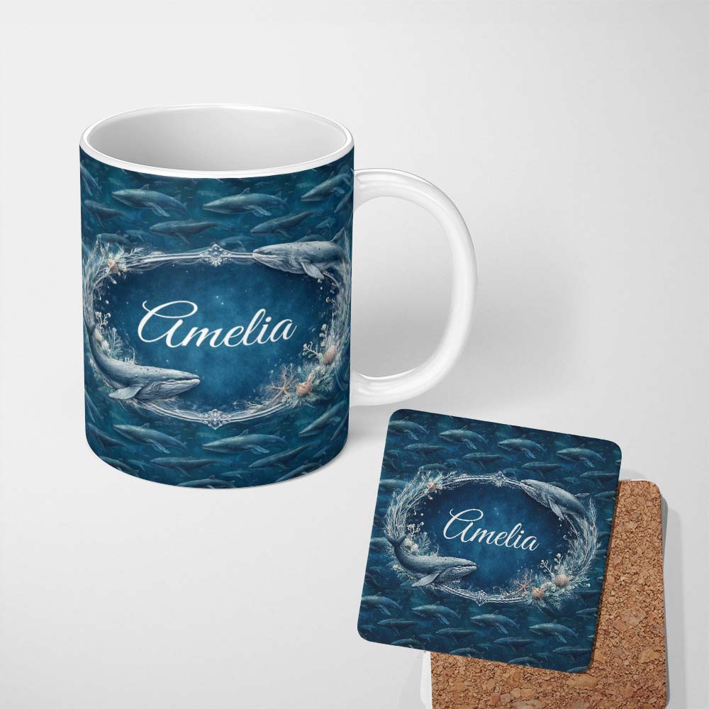 Personalized Custom Name Deep Ocean Whale Seamless Pattern Blue Marine Animal Design Lovely 11oz Ceramic Coffee Tea Mug White Large Handle