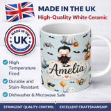 Personalized Custom Name Halloween Vampire Ghost Bats Spooky Characters Pale Blue Seamless 11oz Ceramic Coffee Tea Mug White Large Handle