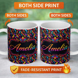 Personalized Custom Name Colorful Tropical Feather Leaves on Black Background Seamless Exotic 11oz Ceramic Coffee Tea Mug White Large Handle