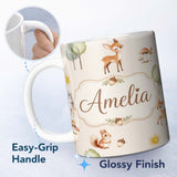 Personalized Custom Name Cute Woodland Deer Fox Mushroom Seamless Pattern on Soft Beige 11oz Ceramic Coffee Tea Mug White Large Handle