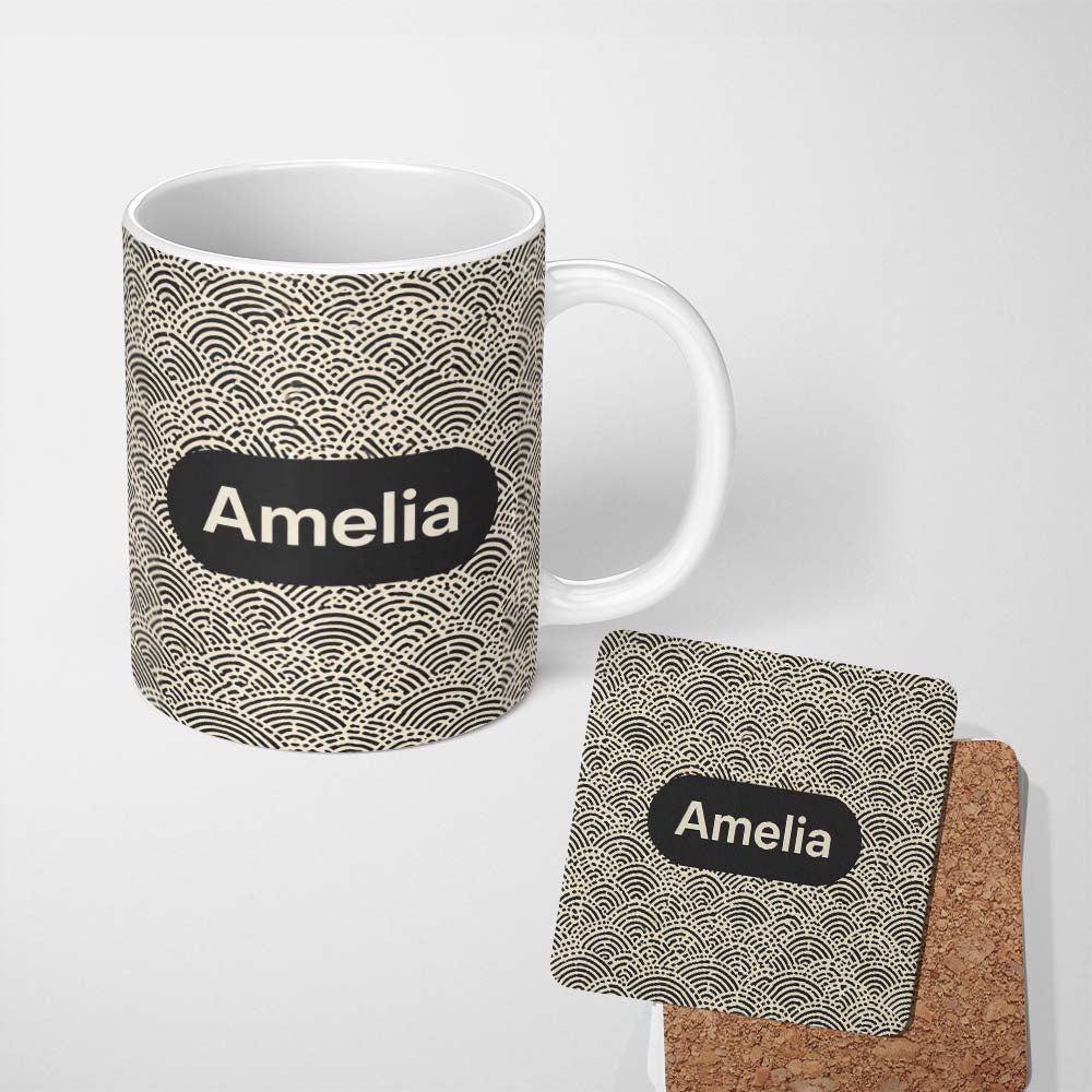 Personalized Custom Name Wave Line Texture Black Cream Flowing Abstract Stripe Pattern Lovely 11oz Ceramic Coffee Tea Mug White Large Handle