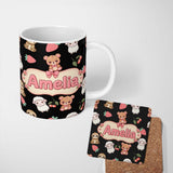 Personalized Custom Name Cute Bear Sloth Lamb Cherry Strawberry Seamless Pattern on Black 11oz Ceramic Coffee Tea Mug White Large Handle
