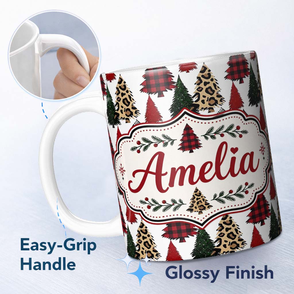 Personalized Custom Name Leopard Plaid and Festive Christmas Trees Modern Seamless Pattern 11oz Ceramic Coffee Tea Mug White Large Handle