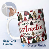 Personalized Custom Name Leopard Plaid and Festive Christmas Trees Modern Seamless Pattern 11oz Ceramic Coffee Tea Mug White Large Handle