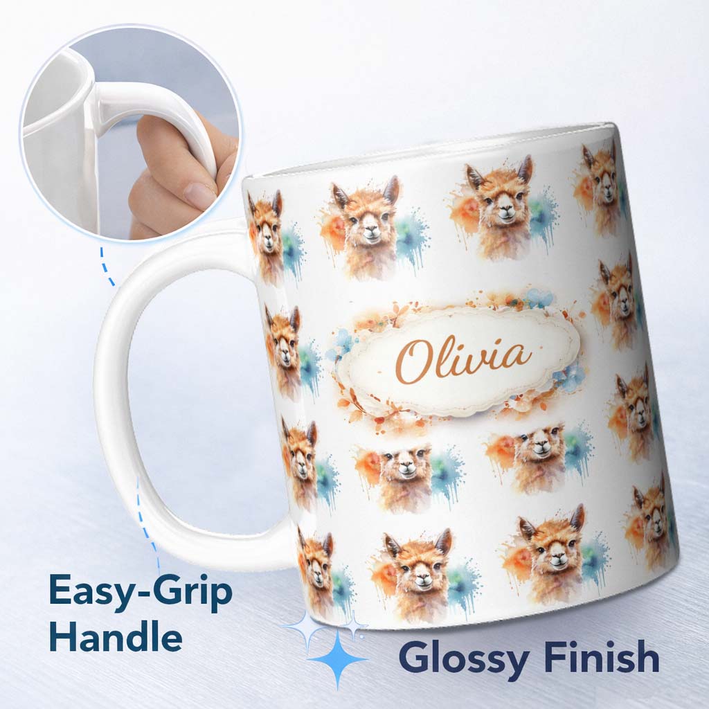 Personalized Custom Name Watercolour Alpaca Pattern Cute Animal Artistic Design Lovely 11oz Ceramic Coffee Tea Mug White Large Handle