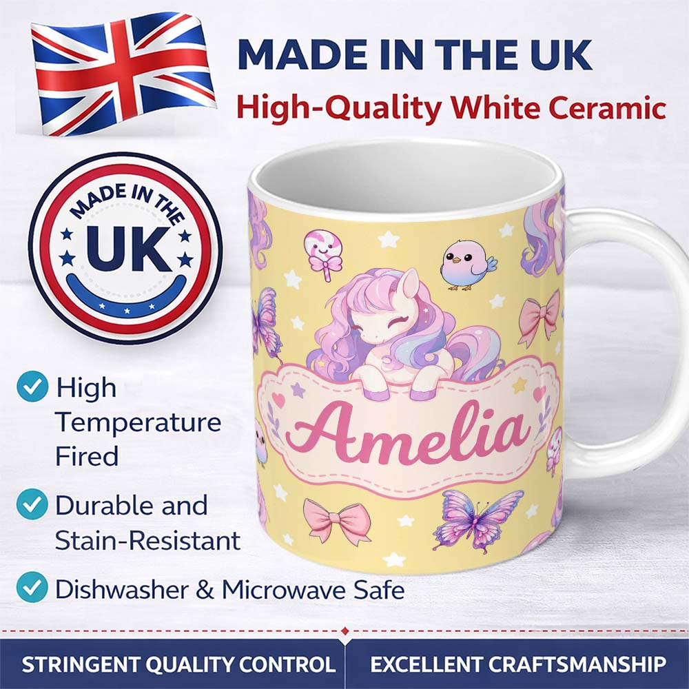 Personalized Custom Name Cute Pastel Unicorn Butterfly Candy Stars Yellow Background Seamless 11oz Ceramic Coffee Tea Mug White Large Handle