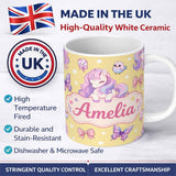 Personalized Custom Name Cute Pastel Unicorn Butterfly Candy Stars Yellow Background Seamless 11oz Ceramic Coffee Tea Mug White Large Handle