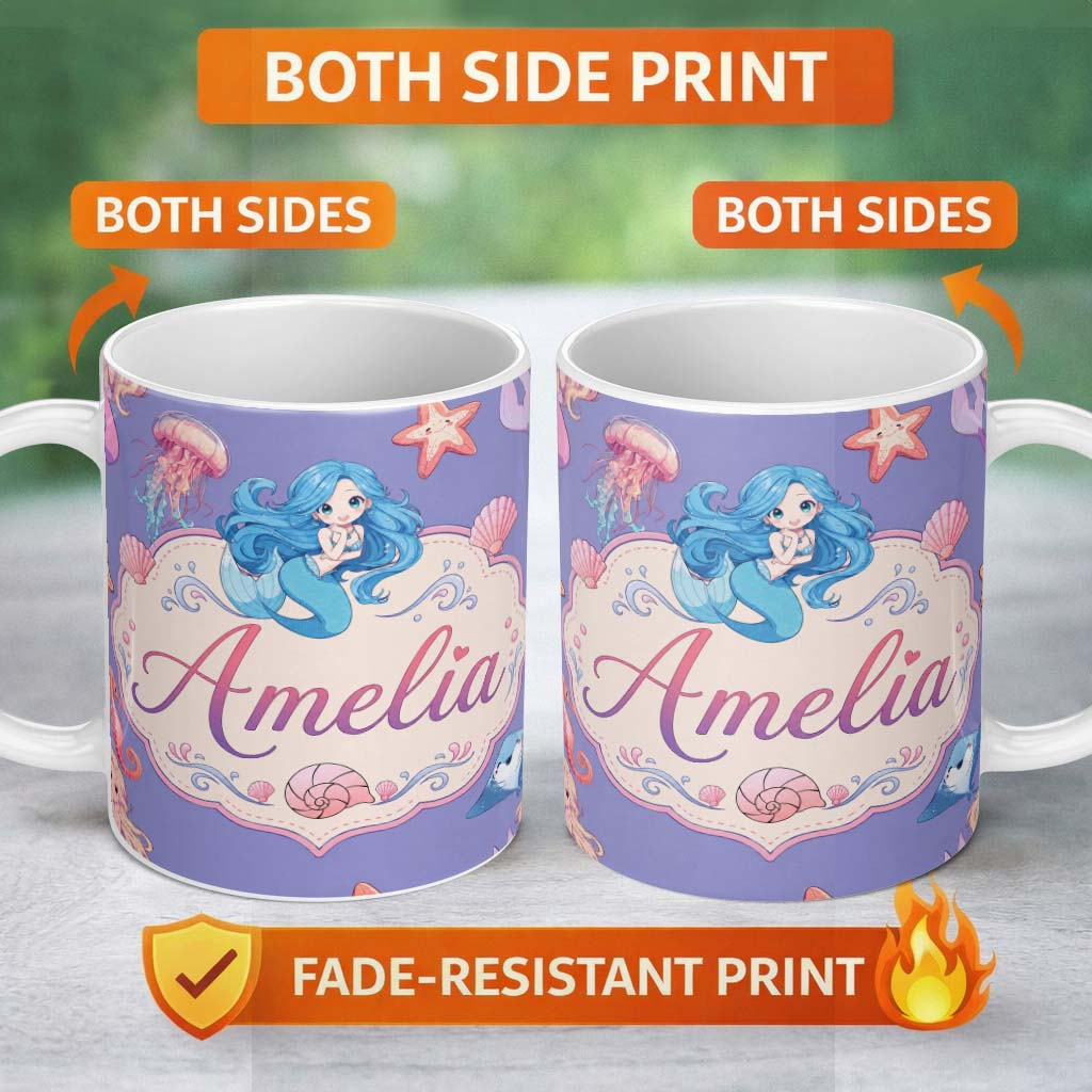 Personalized Custom Name Mermaid Ocean Friends Jellyfish Starfish Purple Background Lovely 11oz Ceramic Coffee Tea Mug White Large Handle